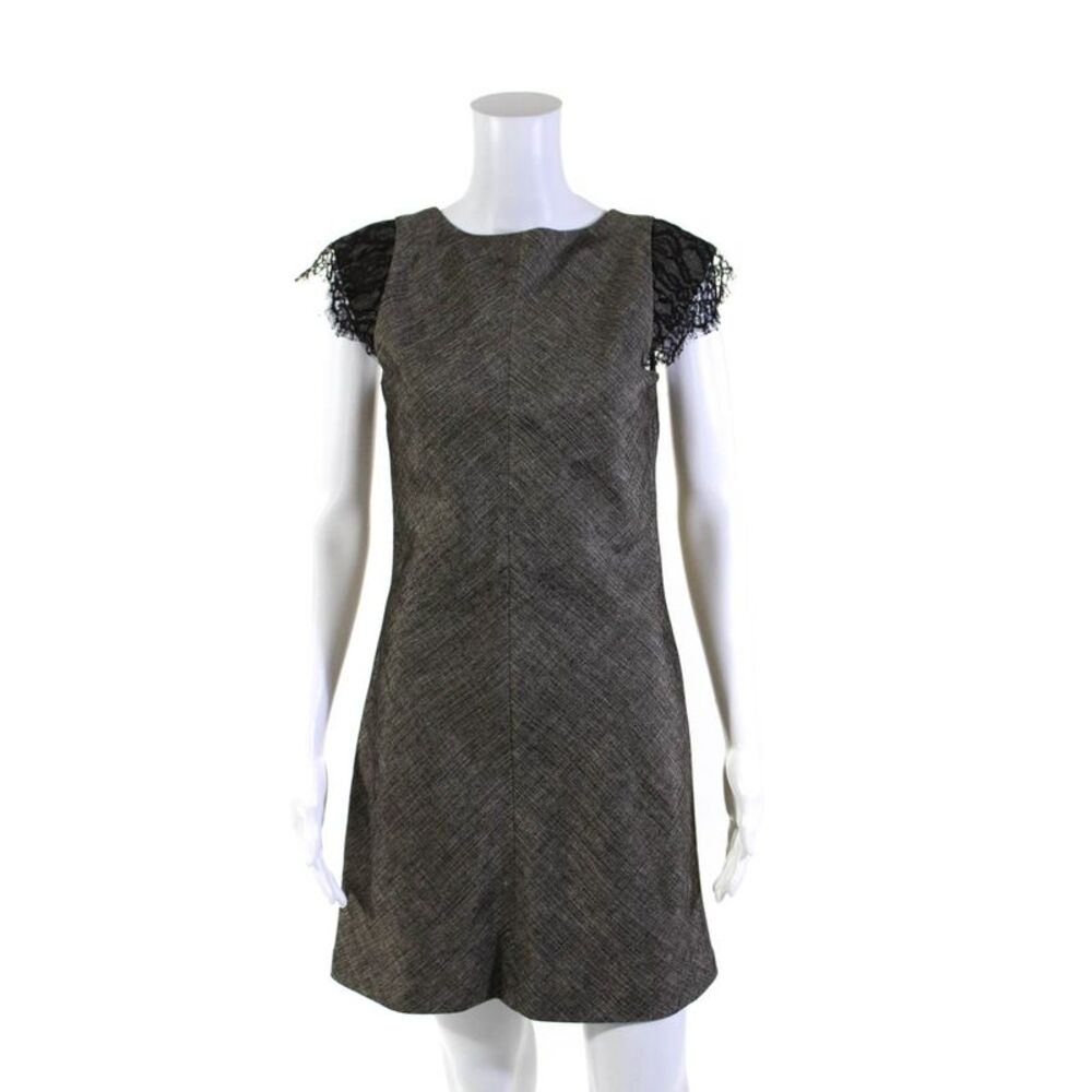 Rachel Mara Womens Lace Trim Cap Sleeve Front Zip Mini Shift Dress Beige Size 6